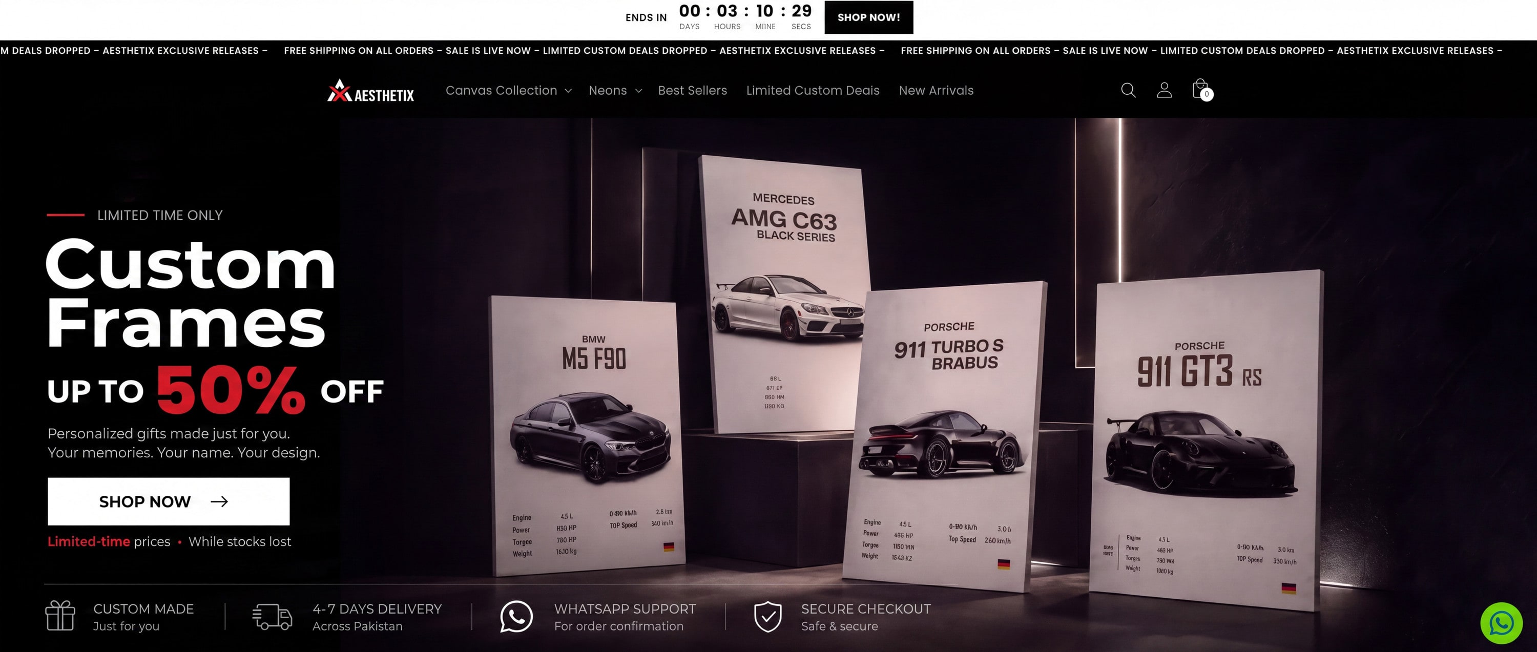 The aesthetix.pk homepage: a Custom Frames promotion showing personalised car canvas prints, above delivery, WhatsApp support and secure checkout badges