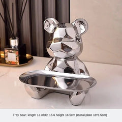 Geometric Bear Statue with Tray | Ceramic Piggy Bank & Storage Organizer | Bookshelf & Desk Decor