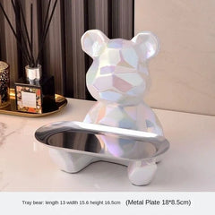 Geometric Bear Statue with Tray | Ceramic Piggy Bank & Storage Organizer | Bookshelf & Desk Decor