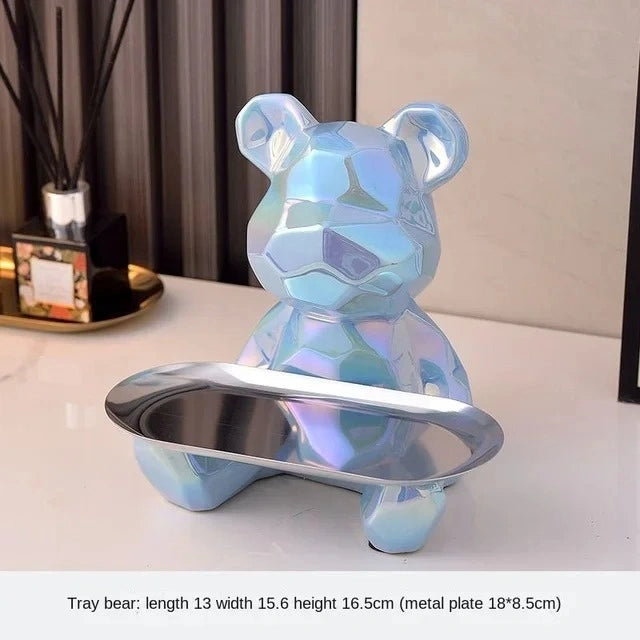 Geometric Bear Statue with Tray | Ceramic Piggy Bank & Storage Organizer | Bookshelf & Desk Decor