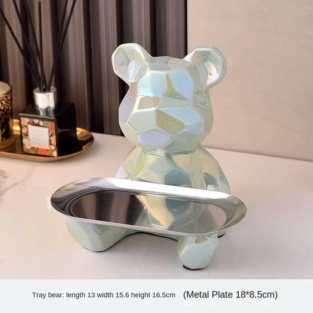 Geometric Bear Statue with Tray | Ceramic Piggy Bank & Storage Organizer | Bookshelf & Desk Decor