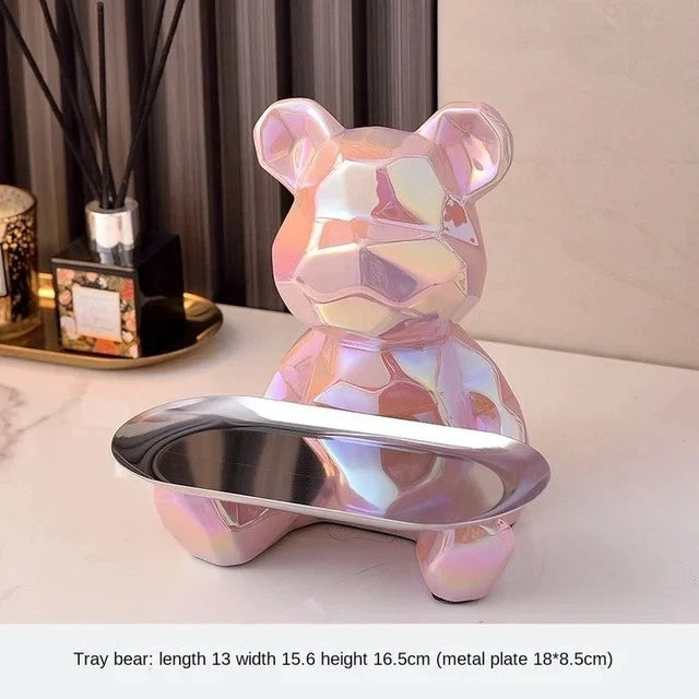 Geometric Bear Statue with Tray | Ceramic Piggy Bank & Storage Organizer | Bookshelf & Desk Decor