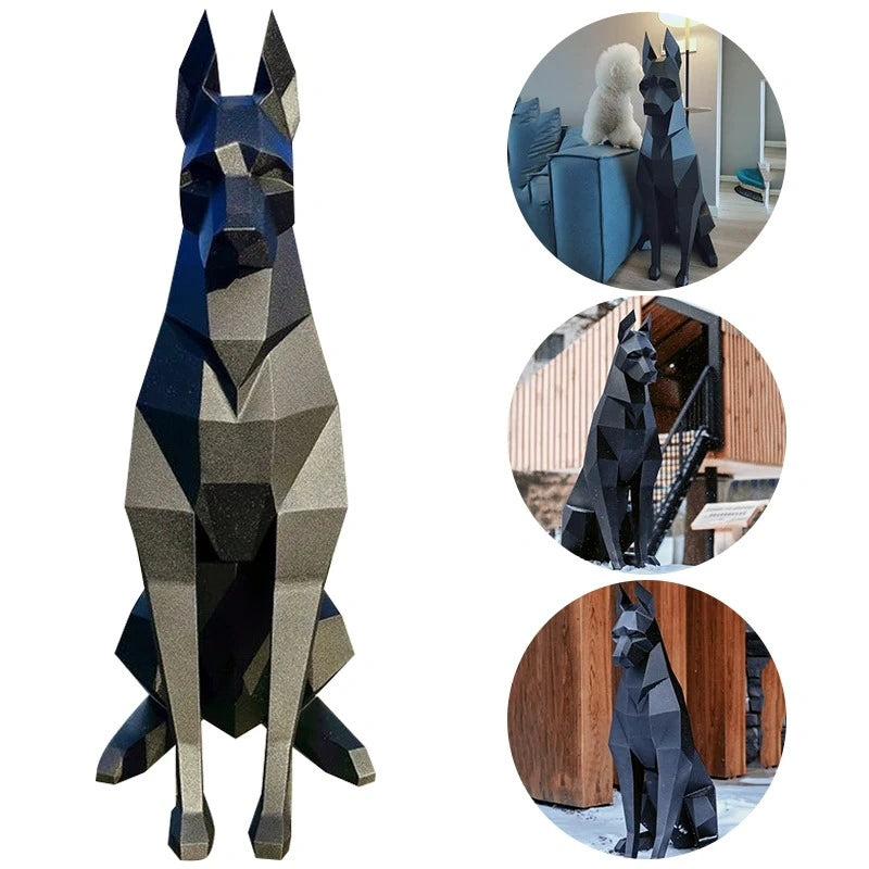 Large Black Geometric Doberman Dog Sculpture | 3D Papercraft-Style Animal Art | DIY Handmade Modern Decor