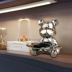 Geometric Bear Statue with Tray | Ceramic Piggy Bank & Storage Organizer | Bookshelf & Desk Decor
