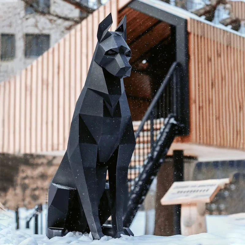 Large Black Geometric Doberman Dog Sculpture | 3D Papercraft-Style Animal Art | DIY Handmade Modern Decor