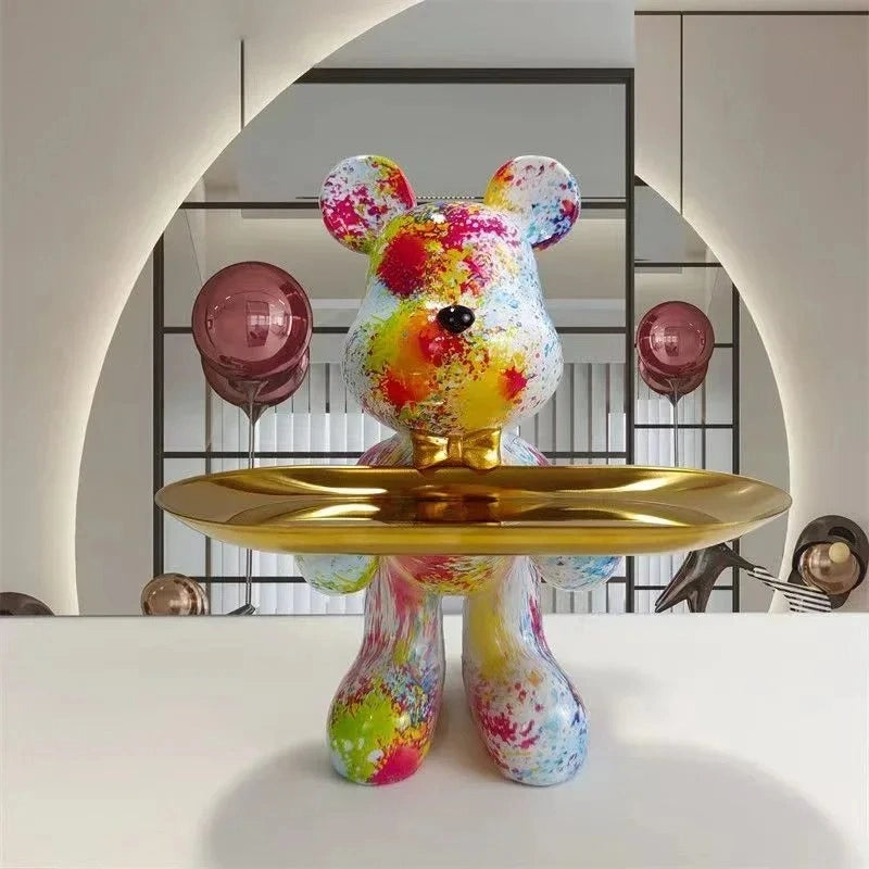 Graffiti Bear Resin Statue – Modern Pop Art Home Decor & Storage Tray (21cm)
